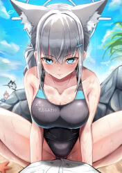 Rule 34 | 1boy, 2girls, absurdres, animal ear fluff, animal ears, assertive female, blue archive, blue eyes, blush, breasts, breath, collarbone, competition swimsuit, covered navel, cross, cross hair ornament, extra ears, fish, girl on top, grey hair, hair ornament, halo, heavy breathing, hetero, highleg, highleg swimsuit, highres, hoshino (blue archive), hoshino (swimsuit) (blue archive), inverted cross, kuromiz, large breasts, looking at viewer, low ponytail, mismatched pupils, multicolored clothes, multicolored swimsuit, multiple girls, official alternate costume, one-piece swimsuit, outdoors, sensei (blue archive), shiroko (blue archive), shiroko (swimsuit) (blue archive), sky, solo focus, spread legs, straddling, sweat, swimsuit, swordfish, translated, two-tone swimsuit, wet, wet clothes, wet swimsuit, wolf ears