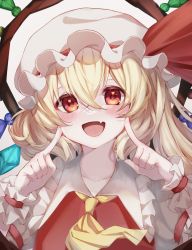 Rule 34 | 1girl, :d, artist request, ascot, blonde hair, blush, crystal, fang, fangs, flandre scarlet, frilled shirt collar, frills, hair between eyes, hands up, hat, hat ribbon, highres, long hair, mob cap, one side up, open mouth, puffy short sleeves, puffy sleeves, red eyes, red ribbon, red vest, ribbon, shirt, short sleeves, skin fang, smile, solo, touhou, upper body, vest, white hat, white shirt, wings, wrist cuffs