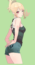 Rule 34 | 1girl, ;o, arms behind back, black shirt, blonde hair, camisole, commentary, cowboy shot, cropped legs, folded ponytail, from side, green background, heart, henken, highres, looking at viewer, looking back, one eye closed, open mouth, original, red eyes, shirt, short hair, short shorts, shorts, sidelocks, sienna (henken), simple background, solo