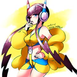 Rule 34 | 1girl, blue eyes, buckle, chikada, creatures (company), crop top, cropped shirt, dated, elesa (pokemon), game freak, hand on own hip, hand up, headphones, looking at viewer, nail polish, nintendo, one eye closed, pokemon, pokemon bw2, shirt, short hair with long locks, solo, twitter username