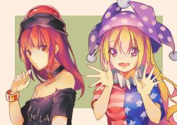 Rule 34 | 2girls, american flag dress, bare shoulders, beige background, black choker, black shirt, blonde hair, blue dress, bracelet, breasts, choker, cleavage, clothes writing, clownpiece, collarbone, commentary request, dress, eyes visible through hair, green background, hair between eyes, hand up, hands up, hat, hecatia lapislazuli, highres, jester cap, jewelry, long hair, looking at viewer, multiple girls, neck ruff, off-shoulder shirt, off shoulder, open mouth, pink eyes, polka dot headwear, purple hat, red dress, red eyes, red hair, shirt, shometsu-kei no teruru, short sleeves, sidelocks, small breasts, smile, star (symbol), star print, striped clothes, striped dress, touhou, two-tone background, upper body