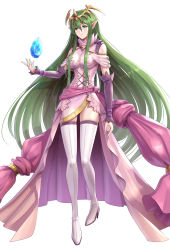 Rule 34 | 1girl, dress, fire emblem, fire emblem: mystery of the emblem, full body, gonzarez, green eyes, green hair, high heels, highres, long hair, nagi (fire emblem), nintendo, parted lips, pink dress, pointy ears, simple background, solo, thighhighs, tiara, very long hair, white background
