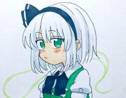 Rule 34 | 1girl, black hairband, black ribbon, blue bow, blush stickers, bow, closed mouth, collared shirt, commentary request, green eyes, green vest, grey background, hair between eyes, hair ribbon, hairband, highres, konpaku youmu, looking at viewer, puffy short sleeves, puffy sleeves, ribbon, shirt, short sleeves, simple background, solo, totoharu (kujirai minato), touhou, traditional media, upper body, vest, white hair, white shirt