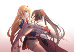 Rule 34 | 2girls, aqua eyes, blonde hair, braid, breasts, brown hair, cartonbox (zhixiang zhi), character request, flower, gloves, hair flower, hair ornament, head hug, hug, hug from behind, jacket, japanese clothes, jewelry, long hair, looking at another, military jacket, multiple girls, open mouth, ponytail, richelieu (warship girls r), ring, shorts, simple background, warship girls r, white gloves, white shorts, yuri