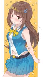 Rule 34 | 1girl, absurdres, arms behind back, belt, blue jacket, blue skirt, blush, bow, bowtie, breasts, brown eyes, brown hair, closed mouth, collared shirt, commentary, cowboy shot, hair flaps, hair ornament, hairclip, highres, hololive, jacket, long hair, looking at viewer, medium breasts, midriff, miniskirt, navel, pleated skirt, shirt, simple background, skirt, sleeveless, sleeveless jacket, sleeveless shirt, smile, solo, star (symbol), starry background, straight hair, thighs, tokino sora, tokino sora (old design), tonarikeru, virtual youtuber, white shirt, wing collar, yellow background, yellow bow, yellow bowtie