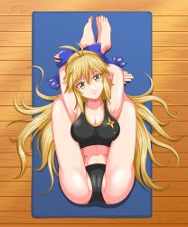 Rule 34 | 1girl, absurdres, ahoge, armpits, arms up, artoria caster (fate), artoria caster (third ascension) (fate), artoria pendragon (fate), ass, bare shoulders, black sports bra, blonde hair, blue bow, bow, breasts, cleavage, closed mouth, commission, commissioner upload, fate/grand order, fate (series), flexible, folded, green eyes, hair bow, hair ornament, heksaddict, highres, legs behind head, long hair, looking at viewer, lying, medium breasts, navel, non-web source, on back, pretzel pose, smile, solo, sports bikini, sports bra