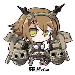 Rule 34 | 10s, 1girl, :&lt;, arms behind back, boots, brown hair, character name, chibi, grafity7, headband, high heel boots, high heels, kantai collection, long hair, looking at viewer, miniskirt, mutsu (kancolle), personification, short hair, skirt, solo, take tonbo