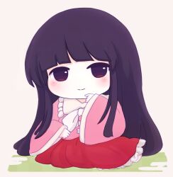 Rule 34 | 1girl, black hair, blush, bow, brown eyes, chibi, closed mouth, collared shirt, commentary request, frills, grass, hands up, hime cut, houraisan kaguya, long hair, long sleeves, looking at viewer, pink background, pink shirt, red skirt, rei (tonbo0430), shirt, sidelocks, simple background, sitting, skirt, smile, solo, touhou, very long hair, white bow, wide sleeves