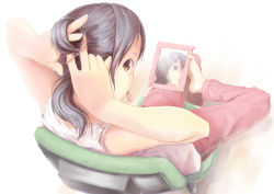 Rule 34 | 1girl, adjusting hair, akatana (korenisiyo), bad id, bad pixiv id, barefoot, between toes, black hair, brown eyes, chair, feet, fingernails, hairdressing, holding with feet, looking back, mirror, mouth hold, original, pants, reflection, short hair, simple background, sitting, solo, toes, track pants