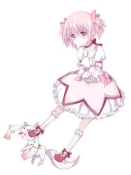 Rule 34 | 10s, blood, gloves, highres, kaname madoka, kyubey, light smile, looking at viewer, magical girl, mahou shoujo madoka magica, mahou shoujo madoka magica (anime), pink eyes, pink hair, red eyes, shichouson, shoes, short hair, simple background, stepping, twintails, white gloves