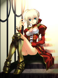 Rule 34 | 00s, 10s, 1girl, armor, bad id, bad pixiv id, blonde hair, epaulettes, fate/extra, fate/stay night, fate (series), green eyes, highres, mgk968, nero claudius (fate), nero claudius (fate), nero claudius (fate/extra), sitting, solo