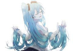 Rule 34 | 1girl, armpit crease, arms at sides, backlighting, bare arms, bare shoulders, black skirt, blue hair, breasts, closed mouth, collared shirt, dot nose, eiku, eyelashes, facing away, from behind, grey shirt, hair between eyes, hands up, hatsune miku, holding, holding own hair, lens flare, lens flare abuse, light smile, long hair, parted lips, shaded face, shirt, sideboob, sidelocks, simple background, skirt, sleeveless, sleeveless shirt, small breasts, solo, teeth, twintails, upper body, upper teeth only, very long hair, vocaloid, white background