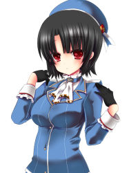 Rule 34 | 10s, 1girl, ascot, black gloves, black hair, gloves, hat, ichiru (yuzu-an), kantai collection, looking at viewer, red eyes, short hair, simple background, solo, takao (kancolle), uniform, white background