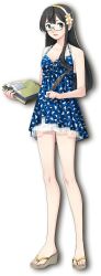 Rule 34 | 1girl, bare shoulders, black hair, blue dress, book, breasts, clipboard, collarbone, dress, flower, fujikawa, full body, green eyes, hair flower, hair ornament, kantai collection, long hair, looking at viewer, official alternate costume, ooyodo (kancolle), quill, sandals, semi-rimless eyewear, simple background, small breasts, solo, standing, sundress, transparent background, under-rim eyewear