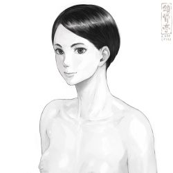 Rule 34 | 1girl, artist logo, breasts, closed mouth, collarbone, greyscale, looking at viewer, medium breasts, monochrome, nipples, nude, original, parted bangs, short hair, shu-mai, simple background, smile, solo, white background