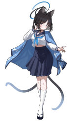 Rule 34 | 1girl, absurdres, animal ears, black eyes, black hair, black sailor collar, black skirt, blue archive, blue halo, blue neckerchief, blush, breasts, cat ears, cat tail, closed mouth, full body, halo, haori, highres, japanese clothes, kikyou (blue archive), long sleeves, looking at viewer, medium breasts, multiple tails, neckerchief, pleated skirt, sailor collar, school uniform, serafuku, short hair, simple background, skirt, smile, socks, solo, tail, two tails, white background, white socks, winterflower