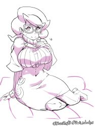 Rule 34 | 1girl, boris (noborhys), breasts, glasses, large breasts, looking at viewer, monochrome, pokemon, solo, sweater, thick thighs, thighs, wicke (pokemon), wide hips