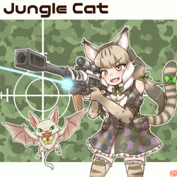 Rule 34 | 1girl, animal costume, animal ear fluff, animal ears, bare shoulders, bat (animal), bow, bowtie, cat ears, cat girl, cat tail, elbow gloves, extra ears, fingerless gloves, gloves, grey eyes, grey hair, gun, highres, jungle cat (kemono friends), kemono friends, kemono friends v project, kneehighs, long hair, mabuta (mbt), microphone, multicolored hair, open mouth, ribbon, scarf, shirt, simple background, skirt, smile, socks, tail, twintails, virtual youtuber, weapon, white hair