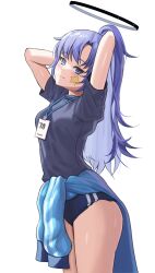 Rule 34 | 1girl, absurdres, arms behind head, black halo, black shirt, blue archive, blue eyes, blue jacket, buruma, closed mouth, clothes around waist, cowboy shot, doli, from side, halo, high ponytail, highres, jacket, jacket around waist, long hair, looking to the side, purple hair, shirt, short sleeves, simple background, smile, solo, star sticker, sticker on face, white background, yuuka (blue archive), yuuka (track) (blue archive)