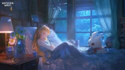 1girl alternate_costume blonde_hair book closed_eyes closed_mouth clothes_hanger commentary english_commentary hairband highres indoors lamp logo long_hair night official_art on_bed open_book phoebe_(wuthering_waves) pillow plant shirt sleeping solo tacet_discord_(wuthering_waves) under_covers vase white_hairband white_shirt window wuthering_waves