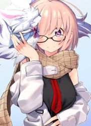 Rule 34 | 1girl, ahoge, bare shoulders, black-framed eyewear, black shirt, blue background, bow, brown scarf, closed mouth, creature, fate/grand order, fate (series), fou (fate), glasses, hair over one eye, hand up, highres, jacket, kei (soundcross), long sleeves, looking at viewer, looking over eyewear, mash kyrielight, necktie, off shoulder, open clothes, open jacket, pink hair, plaid, plaid scarf, purple bow, purple eyes, red necktie, scarf, shirt, short hair, sidelocks, simple background, sleeveless, sleeveless shirt, sleeves past wrists, smile, solo, tareme, upper body, white jacket