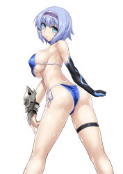 Rule 34 | 1girl, aqua eyes, ass, asymmetrical gloves, back, bare arms, bare legs, bare shoulders, bikini, black gloves, blue bikini, blue hair, blush, bnc (bunshi), breasts, c:, clenched hand, closed mouth, elbow gloves, female focus, from behind, gloves, hairband, highres, isekai wa smartphone to tomo ni., large breasts, legband, legs, legs apart, linse shileska, looking at viewer, looking back, short hair, side-tie bikini bottom, sideboob, simple background, single elbow glove, single glove, smile, solo, standing, string bikini, swimsuit, thigh strap, underboob, uneven gloves, wet, white background