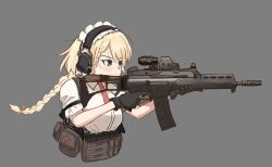 Rule 34 | 1girl, absurdres, aiming, ammunition pouch, assault rifle, black gloves, blonde hair, blue eyes, braid, chrispy tuna, collared shirt, commentary, ear protection, english commentary, muzzle device, folding stock, g36 (girls&#039; frontline), girls&#039; frontline, gloves, grey background, gun, h&amp;k g36k, highres, holding, holding gun, holding weapon, long hair, maid headdress, necktie, optical sight, pouch, red necktie, rifle, shirt, short sleeves, simple background, solo, tactical clothes, trigger discipline, upper body, weapon, white shirt