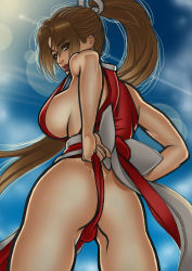 Rule 34 | 1girl, ass, breasts, brown eyes, brown hair, fatal fury, highres, large breasts, legs, long hair, looking back, naughty face, nixminor, no bra, ponytail, pulling own clothes, red lips, shiranui mai, sideboob, snk, solo, teasing, the king of fighters, thighs, tongue, tongue out, wedgie