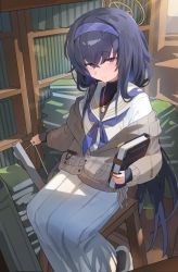 Rule 34 | 1girl, blue archive, blue hairband, blue neckerchief, book, book stack, cardigan, closed mouth, hair between eyes, hairband, halo, highres, holding, holding book, hood (james x), jewelry, library, long hair, looking at viewer, low twintails, neckerchief, necklace, sailor collar, school uniform, serafuku, sitting, skirt, solo, twintails, ui (blue archive), very long hair, white sailor collar, white skirt