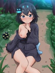 Rule 34 | 1girl, absurdres, adapted costume, black eyes, black hair, blush, breasts, commentary, floral print, forest, frilled sleeves, frills, grass, grey kimono, hair ornament, hand on own chin, head wings, highres, japanese clothes, kemono friends, kimono, long sleeves, looking at viewer, medium breasts, nature, nipples, no bra, off shoulder, on ground, one breast out, outdoors, plant, print kimono, shiraha maru, short hair, side-by-side, sitting, smile, solo, superb bird-of-paradise (kemono friends), tree, wide sleeves, wings