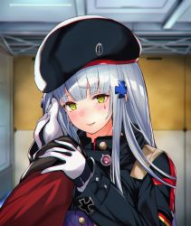 Rule 34 | 1boy, 1girl, bad id, bad pixiv id, blush, commander (girls&#039; frontline), commentary, cross, facial mark, fmtk102030, german flag, girls&#039; frontline, gloves, green eyes, griffin &amp; kryuger military uniform, hand on another&#039;s face, highres, hk416 (girls&#039; frontline), iron cross, long hair, looking at viewer, military, military uniform, silver hair, solo focus, teardrop, uniform, white gloves