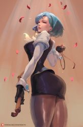Rule 34 | 1girl, ace attorney, ace attorney investigations, ascot, ass, blue eyes, blue hair, breasts, capcom, cowboy shot, cutesexyrobutts, earrings, female focus, formal, franziska von karma, from behind, from below, gloves, grey eyes, highres, jewelry, leggings, looking at viewer, looking back, looking down, matching hair/eyes, medium breasts, miniskirt, mole, mole under eye, pantyhose, pencil skirt, petals, phoenix wright: ace attorney - justice for all, ribbon, short hair, skirt, solo, suit, vest, whip, wrist cuffs
