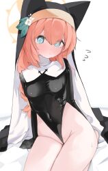 Rule 34 | 1girl, @ @, bed, blue archive, blue eyes, blush, bodysuit, breasts, cameltoe, covered navel, flower, flying sweatdrops, groin, highres, leotard, long sleeves, mari (blue archive), medium breasts, mikozin, nun, sitting, small breasts, solo, white background