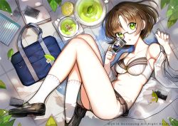 Rule 34 | 10s, 1girl, 2016, artist name, bad id, bad pixiv id, bag, black footwear, book, bow, bow bra, bra, breasts, brown hair, brown skirt, camera, cleavage, clothes lift, english text, flower, food, from above, fruit, glasses, glint, green eyes, green tea, holding, holding camera, honnou (kjs9504), leaf, lemon, loafers, lying, navel, notebook, on side, open book, open clothes, open mouth, open shirt, original, panties, photo (object), pleated skirt, puddle, school bag, school uniform, semi-rimless eyewear, shirt, shoes, short hair, skirt, skirt lift, solo, sparkle, tea, under-rim eyewear, underwear, water, watermark, white bra, white legwear, white panties