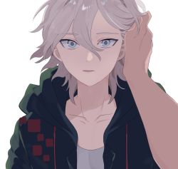 Rule 34 | 2boys, adjusting another&#039;s hair, collarbone, danganronpa (series), danganronpa 2: goodbye despair, green jacket, grey eyes, grey shirt, hair between eyes, highres, hood, hood down, hooded jacket, jacket, komaeda nagito, looking at viewer, male focus, medium hair, monigechan, multiple boys, open clothes, open jacket, parted lips, pov, shirt, simple background, solo focus, white background