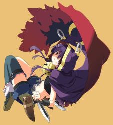 Rule 34 | 1girl, artist request, asymmetrical legwear, bell, brown eyes, character request, cloak, dual wielding, from behind, holding, jingle bell, knife, looking at viewer, looking back, midriff, mismatched legwear, official art, ore ni hatarakette iwaretemo otsu, purple hair, shorts, simple background, solo, tagme, yellow background