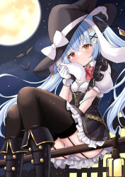 Rule 34 | 1girl, absurdres, animal ears, bat (animal), black thighhighs, blue hair, blush, boots, bow, broom, broom riding, brown eyes, closed mouth, frown, garter belt, hat, highres, kurashina yuzuki, long hair, looking at viewer, moon, night, original, outdoors, panties, pantyshot, rabbit ears, short sleeves, sky, solo, star (sky), starry sky, thighhighs, twintails, underwear, white bow, white panties, witch, witch hat