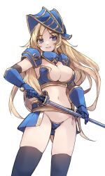Rule 34 | 1girl, absurdres, armor, bikini, bikini armor, black thighhighs, blonde hair, blue bikini, blue eyes, blue headwear, breasts, chiroru (cheese-roll), cleavage, closed mouth, commentary, english commentary, feet out of frame, helmet, highres, holding, holding sword, holding weapon, khalitzburg (ragnarok online), large breasts, looking at viewer, navel, ragnarok online, simple background, solo, swimsuit, sword, thighhighs, weapon, white background