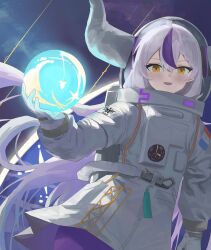 Rule 34 | 1girl, absurdres, ahoge, alternate costume, commentary, demon girl, demon horns, evening rabbit, fang, floating hair, gloves, grey hair, hair between eyes, highres, holding, hololive, horns, la+ darknesss, long hair, long sleeves, looking at viewer, multicolored hair, open mouth, purple hair, sidelocks, skin fang, solo, spacesuit, streaked hair, striped horns, very long hair, virtual youtuber, white gloves, yellow eyes