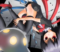 Rule 34 | 1girl, ass, asymmetrical wings, black hair, black legwear, bow, high heels, houjuu nue, mushisun, polearm, red bow, red footwear, red theme, reversed, shoes, short hair, snake, solo, thighs, touhou, trident, ufo, weapon, wings