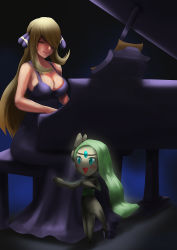 Rule 34 | 1girl, :d, aqua eyes, atorot, blonde hair, breasts, cleavage, closed eyes, creatures (company), cynthia (pokemon), dress, full body, game freak, gen 5 pokemon, green hair, hair ornament, hair over one eye, highres, instrument, large breasts, legendary pokemon, lips, long hair, meloetta, meloetta (aria), music, mythical pokemon, nintendo, open mouth, piano, playing instrument, pokemon, pokemon (creature), sheet music, sitting, sketch, smile, standing