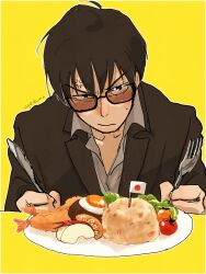 Rule 34 | 1boy, ageage dama s, beard, black hair, cherry tomato, closed eyes, egg (food), facial hair, food, fork, highres, japanese flag, male focus, nicholas d. wolfwood, rice, simple background, solo, sunglasses, table knife, tomato, trigun, yellow background