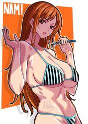 bikini breasts highres large_breasts mifenami nami_(one_piece) one_piece orange_eyes orange_hair swimsuit toothbrush