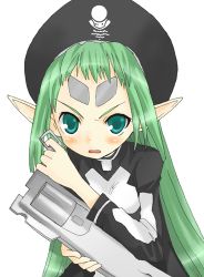 Rule 34 | 00s, 1girl, black hat, blush, demonbane, dress, elf, elsa, facial mark, female focus, forehead mark, green eyes, green hair, gun, hat, holding, holding weapon, long hair, long sleeves, looking at viewer, lowres, matching hair/eyes, open mouth, pointy ears, simple background, solo, upper body, weapon, white background