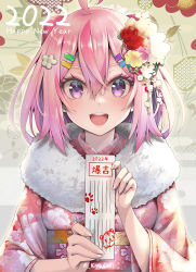 Rule 34 | 1girl, 2022, :d, ahoge, blush, commentary request, floral print, flower, fur-trimmed kimono, fur trim, furisode, hair between eyes, hair flower, hair ornament, hairclip, happy new year, highres, holding, japanese clothes, kimono, kubota masaki, looking at viewer, nengajou, new year, obi, open mouth, original, pink hair, pink kimono, print kimono, purple eyes, sash, short hair, smile, solo, teeth, upper body, upper teeth only