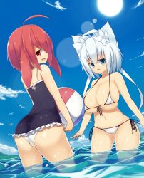 Rule 34 | 2girls, ahoge, animal ears, ass, ball, bikini, bird, black one-piece swimsuit, blue eyes, blush, breasts, cat ears, cleavage, cloud, covered erect nipples, day, ears down, expressionless, fang, felt whitesnow, flat chest, front-tie top, highres, hinoko (sawati), huge breasts, lens flare, looking at viewer, looking back, micro bikini, multiple girls, one-piece swimsuit, open mouth, original, outdoors, partially submerged, rabbit ears, red eyes, red hair, sawati, short hair, short hair with long locks, side-tie bikini bottom, skindentation, sky, smile, soaking feet, sun, swimsuit, thick thighs, thighs, wading, water, white bikini, white hair, wide hips