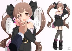 Rule 34 | 1boy, 1girl, ahoge, ankle boots, bag, bare shoulders, belt, black belt, black bow, black choker, black dress, black footwear, black thighhighs, boots, bow, breasts, brown eyes, brown hair, buttons, choker, cleavage, commentary request, condom, condom wrapper, dress, earrings, eyelashes, garter straps, gyaru, hair bow, hakozaki serika, hand up, hands up, heart, heart-shaped pupils, heart earrings, holding hands, idolmaster, idolmaster million live!, jewelry, legs, light blush, long hair, long sleeves, looking at viewer, open mouth, pink bag, pink nails, platform footwear, puffy sleeves, ring, shoulder bag, signature, small breasts, smile, speech bubble, strapless, strapless dress, sweatdrop, symbol-shaped pupils, thighhighs, thighs, translation request, tun, twintails, white background