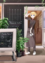 Rule 34 | :o, a.a (aa772), apron, arm up, arrow (symbol), black pants, black shirt, blonde hair, blue eyes, brown apron, collared shirt, commentary request, copyright request, day, dress shirt, english text, hair between eyes, highres, holding, holding watering can, open door, open mouth, outdoors, pants, plant, potted plant, shirt, shoes, sign, sneakers, standing, watering can, white footwear
