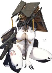 Rule 34 | 1girl, absurdres, bodysuit, breasts, commentary request, helmet, highres, kneeling, large breasts, mecha musume, mixed-language commentary, original, science fiction, shizuoxing kof, skin tight, solo, white background, white bodysuit
