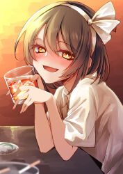 Rule 34 | 1girl, absurdres, alcohol, ashtray, blush, brown eyes, brown hair, cigarette, collared shirt, cup, drinking glass, hair between eyes, hairband, highres, holding, holding cup, ice, kinese (katasutorohu), looking at viewer, open mouth, shirt, short hair, short sleeves, smile, solo, touhou, upper body, usami renko, whiskey, white hairband, white shirt